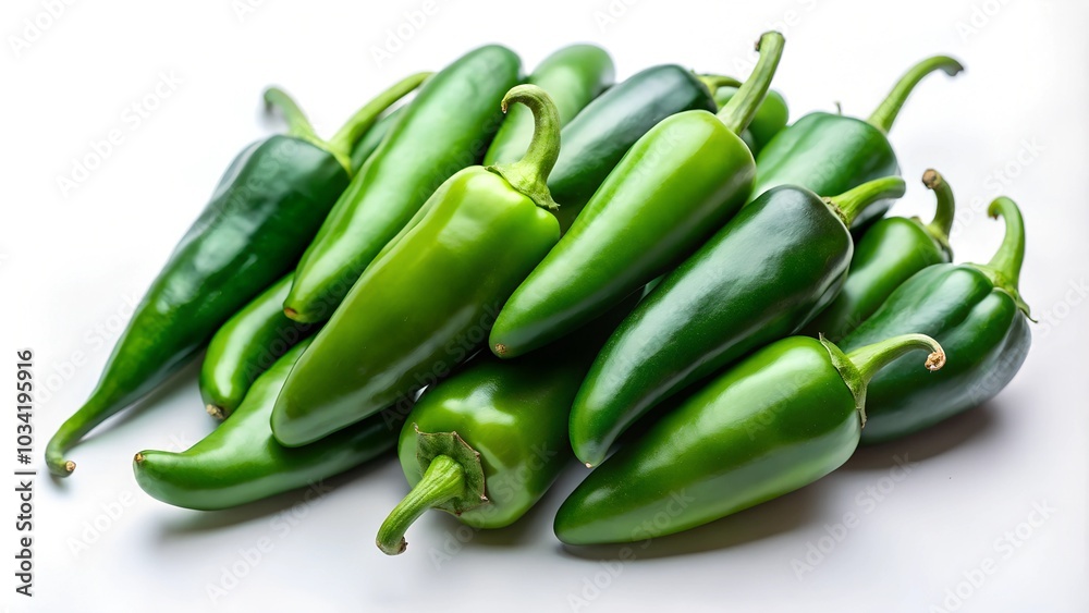 A handful of freshly picked green jalapeños on a clean white surface, showcasing their vibrant color and spicy flavor A handful of freshly picked green jalapeños on a clean white surface, showcasing their vibrant color and spicy flavor