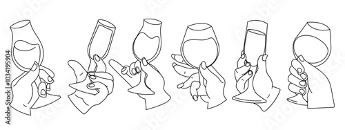 Set of hands raising champagne or wine glass. Holiday toast, celebration icon, line art vector illustration isolated on white background. Hands with glass of cognac, cocktail, alcoholic drink.