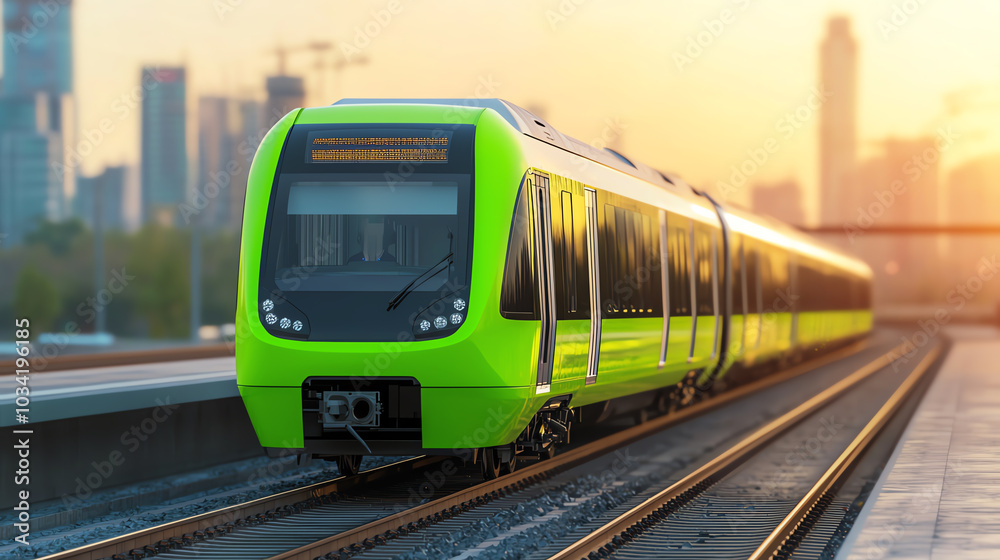 Naklejka premium Green train at sunset on railway tracks