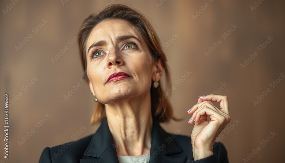 Professional woman in a tailored suit thoughtfully pondering ideas during a presentation in a contemporary setting Professional woman in a tailored suit thoughtfully pondering ideas during a presentation in a contemporary setting