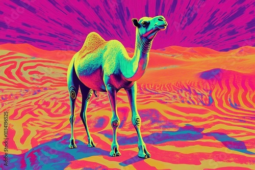 A psychedelic pop art illustration of a neon-colored camel standing in a surreal desert landscape with dynamic patterns, bold textures, and radiant colors