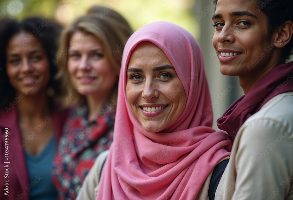 A Diverse Group of Women Smiling Together, Showcasing Unity and Friendship in a Natural Setting A Diverse Group of Women Smiling Together, Showcasing Unity and Friendship in a Natural Setting
