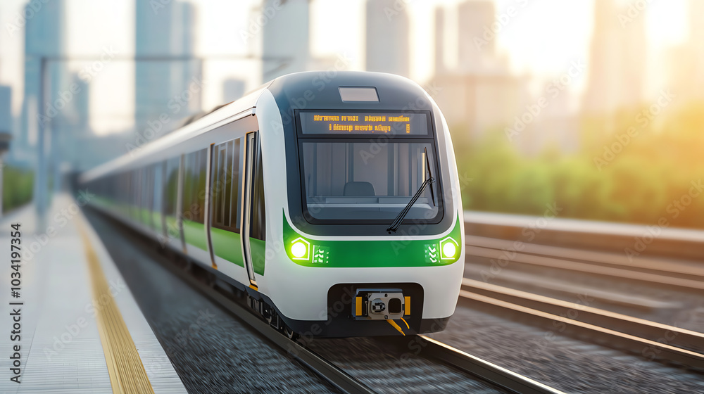 Naklejka premium Modern train at station during sunset
