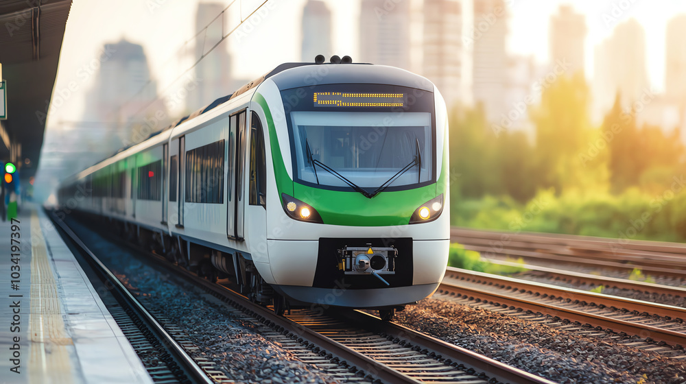 Modern train at station with city backdrop Modern train at station with city backdrop