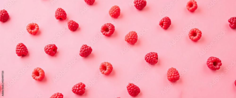 Close-up of scattered red raspberries on a pastel pink background in a pattern. This vibrant image is ideal for food, health, and design-related themes due to its bold colors and simplicity. Close-up of scattered red raspberries on a pastel pink background in a pattern. This vibrant image is ideal for food, health, and design-related themes due to its bold colors and simplicity.