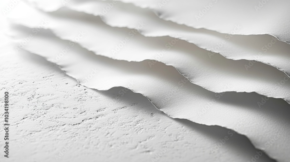 Layers of torn paper are arranged on a soft white surface, showcasing contrasting textures and shadows, creating a subtle yet artistic visual effect.