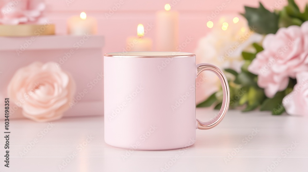 Elegant pink mug with candlelit floral decor Elegant pink mug with candlelit floral decor