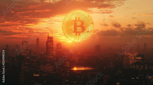 A large golden Bitcoin coin rises above a city skyline as the sun sets.