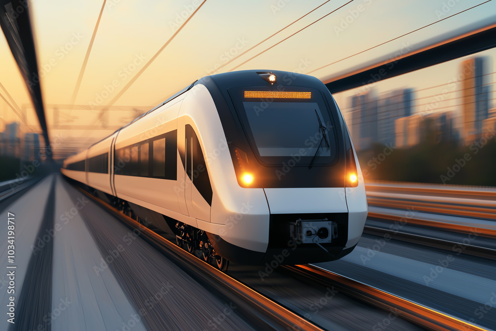 Naklejka premium Modern train speeding through urban landscape