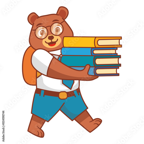 School animal character.  Children education.A bear puppy with books.Line art vector illustration.Children Library little bear  reading a book.Schoolboy carry lots of books.Back to school.