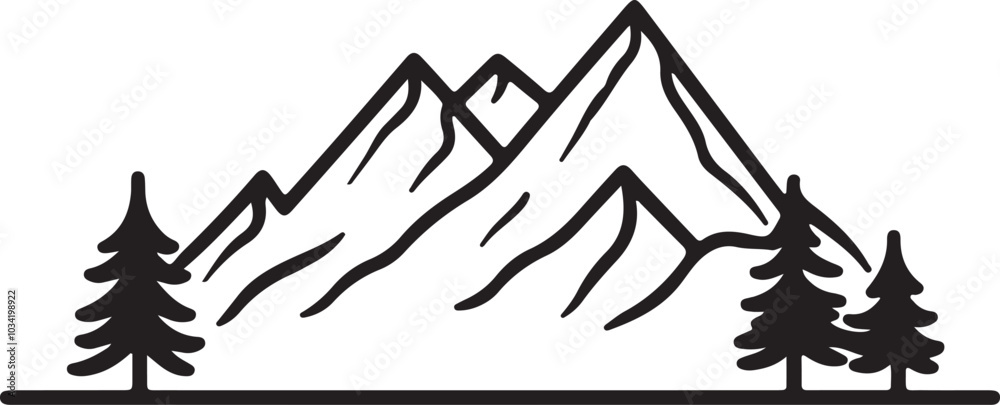 Fototapeta premium Mountain outline vector with the tree, Mountain range silhouette isolated vector illustration.
