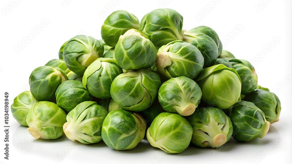 A pile of Brussels sprouts on a clean white background, showcasing their fresh and vibrant green appearance A pile of Brussels sprouts on a clean white background, showcasing their fresh and vibrant green appearance