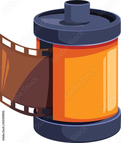 This cartoon style illustration features an orange plastic film cartridge unwinding, with a film strip extending out, evoking feelings of nostalgia and memories