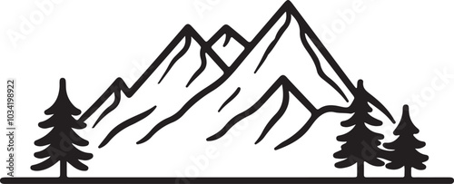 Mountain outline vector with the tree, Mountain range silhouette isolated vector illustration.