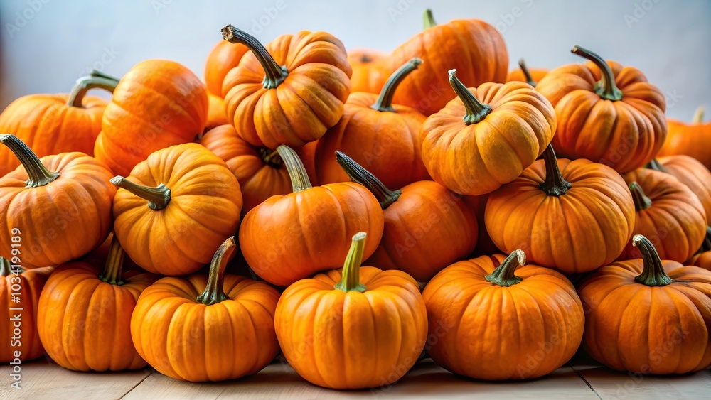 A pile of bright orange pumpkins resting on a white surface, perfect for autumn displays and seasonal recipes A pile of bright orange pumpkins resting on a white surface, perfect for autumn displays and seasonal recipes