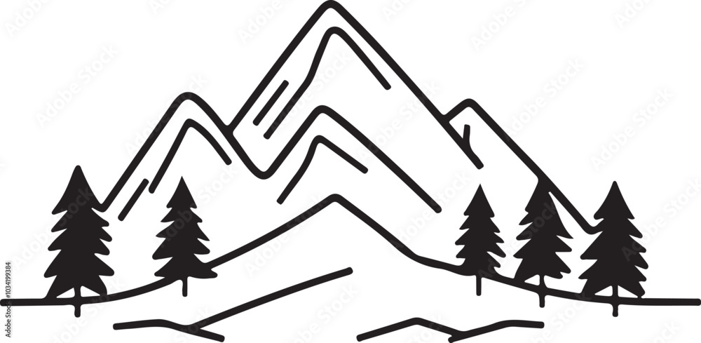 Obraz premium Silhouette mountain vector and pine tree isolated on a white background.