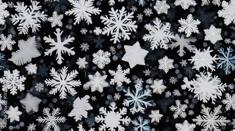A winter-themed background filled with various snowflakes on a dark surface, creating a festive and serene atmosphere. A winter-themed background filled with various snowflakes on a dark surface, creating a festive and serene atmosphere.