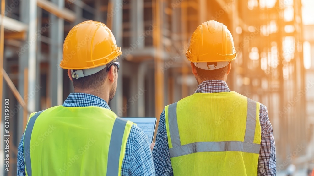 Two construction workers in safety gear observe a building site, highlighting teamwork and safety in a busy construction environment. Two construction workers in safety gear observe a building site, highlighting teamwork and safety in a busy construction environment.