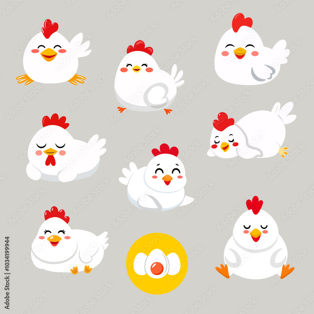 Set of cute fat white Leghorn cartoon chickens in happy and relaxed moods and a sleeping poses Set of cute fat white Leghorn cartoon chickens in happy and relaxed moods and a sleeping poses