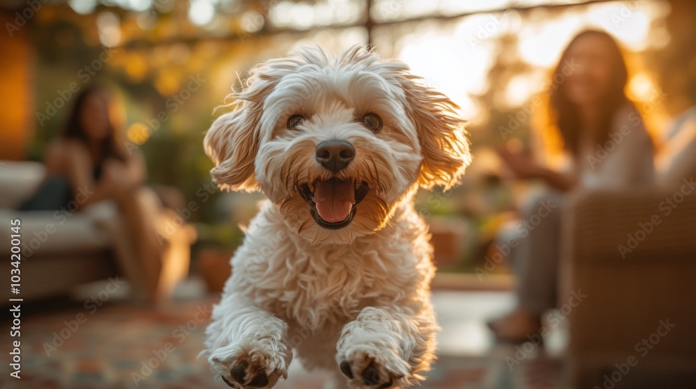A cheerful dog leaps excitedly in a brightly lit living room filled with warm sunlight, as friends relax and laugh together nearby. The cozy atmosphere enhances the joyful moment. A cheerful dog leaps excitedly in a brightly lit living room filled with warm sunlight, as friends relax and laugh together nearby. The cozy atmosphere enhances the joyful moment.