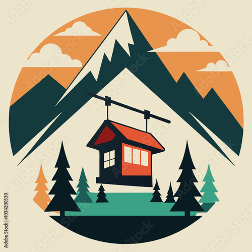 Mountain Lodge with Ski Lift Silhouette vector illustration on white Background