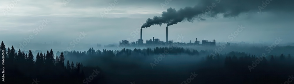 Dark clouds of pollution looming over a forest s edge close up, focus on, copy space eerie yet striking tones, double exposure silhouette with factory sprawl Dark clouds of pollution looming over a forest s edge close up, focus on, copy space eerie yet striking tones, double exposure silhouette with factory sprawl