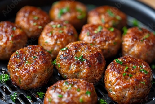 Juicy grilled meatballs garnished with herbs