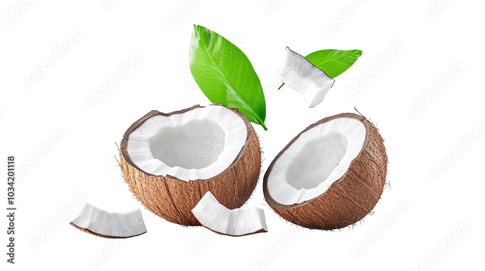 Whole coconuts with leaves on a white isolate background.