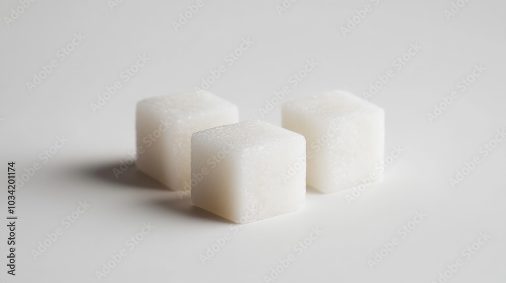 Three pristine white sugar cubes arranged closely on a clean white surface, highlighting their smooth texture and uniform shape, ideal for culinary presentations and sweetening beverages. Three pristine white sugar cubes arranged closely on a clean white surface, highlighting their smooth texture and uniform shape, ideal for culinary presentations and sweetening beverages.