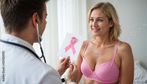 Empowerment and Awareness in Women's Health: Doctor and Patient Discussing Breast Cancer Awareness with Pink Ribbon Symbolism photo