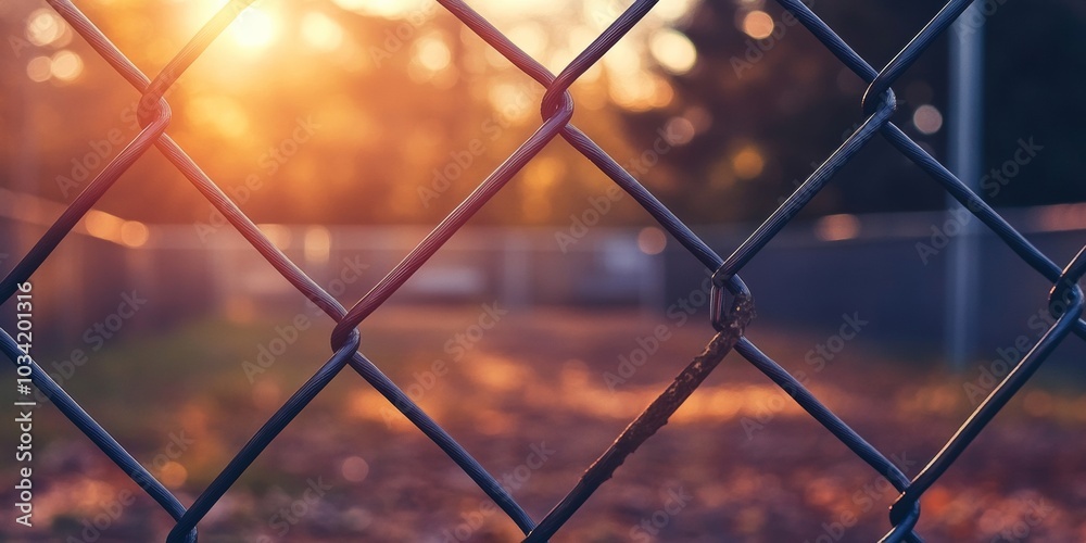 Fototapeta premium Chain link fence at sunset with soft bokeh
