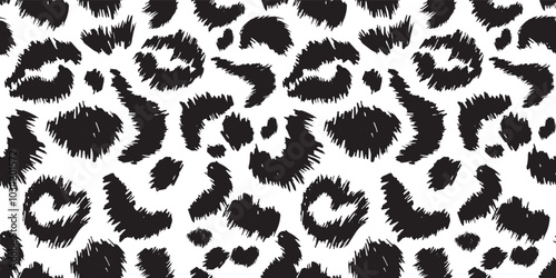 Seamless leopard fur pattern, black and white vector  hand drawn natural print for fabric, wallpaper