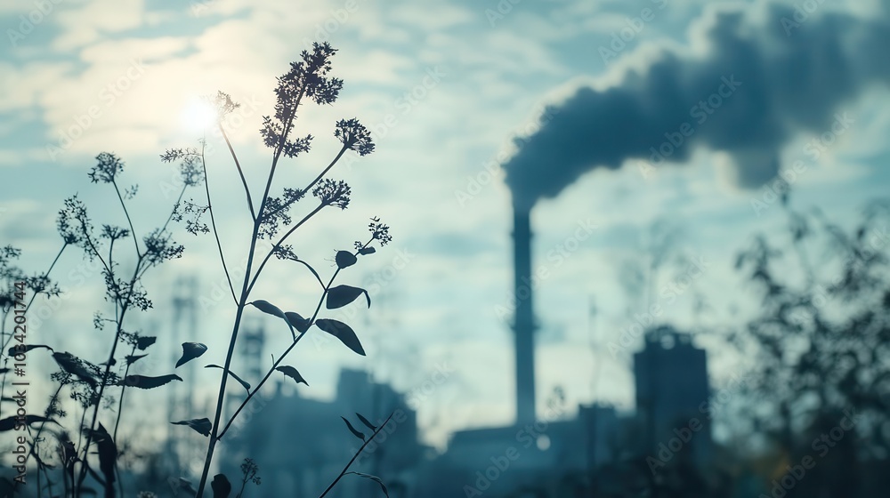Obraz premium Dying plants and trees near a factory spewing fumes close up, focus on, copy space bright yet decaying contrast, double exposure silhouette with factory pollution