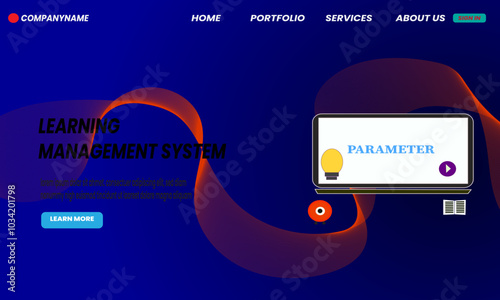 Vector landing page template design for learning management system (LMS) with wave background and monitor screen. Suitable for educational websites or online courses, looks modern and professional