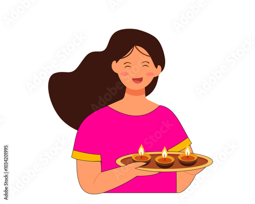 Indian women in traditional dress worshiping god holding diya thali in hand diwali celebrating festival of lights