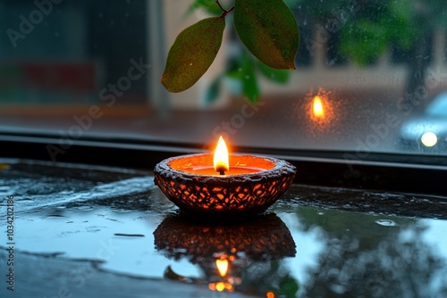 A traditional diya placed near a window, symbolizing hope in the dark of Amavasya photo