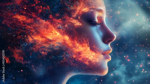 Surreal portrait blending woman with cosmic fire