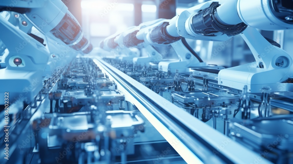 An automated assembly line operates with precision, featuring robot manipulators focused on producing high-tech electric vehicles for a sustainable future An automated assembly line operates with precision, featuring robot manipulators focused on producing high-tech electric vehicles for a sustainable future