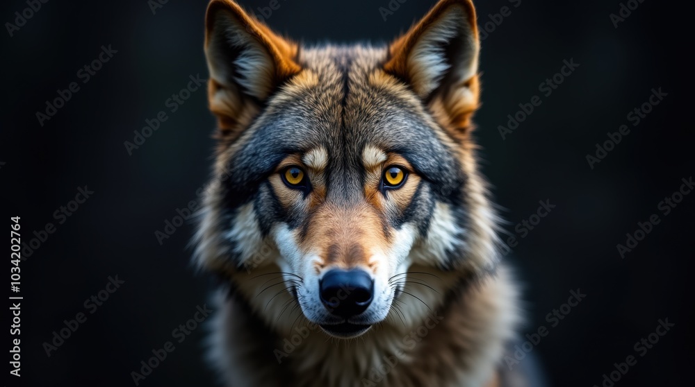 Fototapeta premium The wolf's face is captured up close, with its side profile filling the frame. The fur around its snout is thick and textured, displaying a rich blend of earthy tones that enhance its wild appearance.