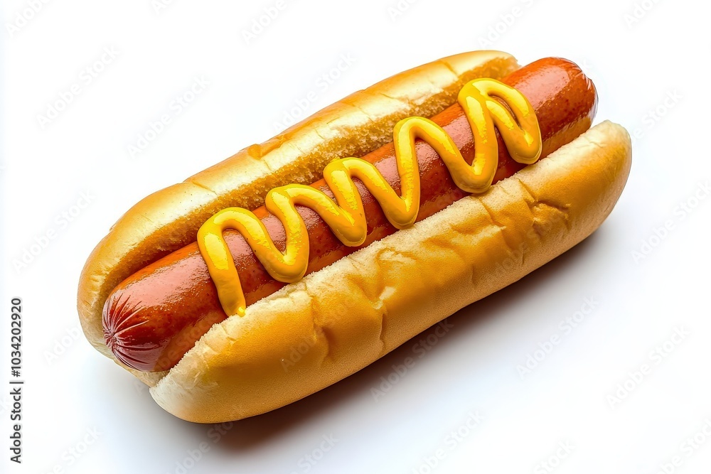 Tasty Hot Dog with Mustard on a White Background