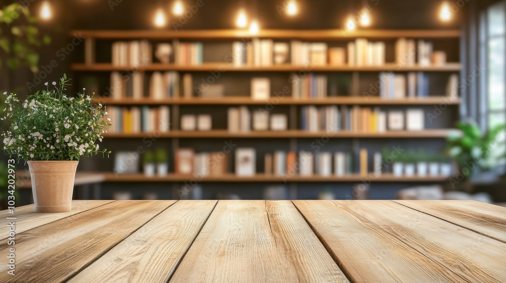 Warm light on a wooden surface with blurred bookshelves behind, creating a cozy, professional setting for product display Warm light on a wooden surface with blurred bookshelves behind, creating a cozy, professional setting for product display
