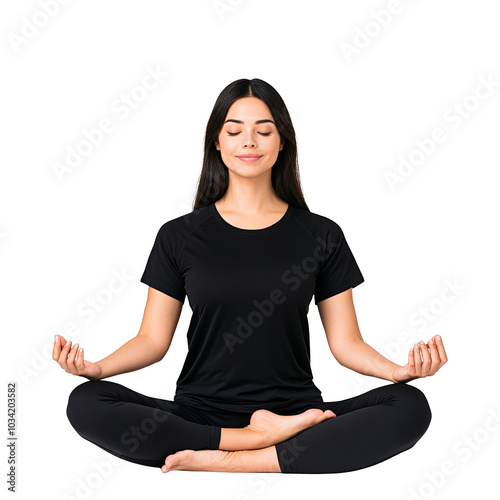 Woman meditating in a yoga pose, white isolate background.