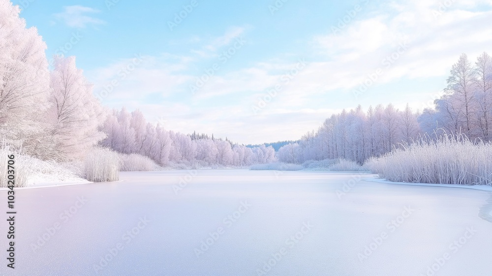 Serene winter landscape with frosted trees and a frozen lake under clear blue skies Serene winter landscape with frosted trees and a frozen lake under clear blue skies