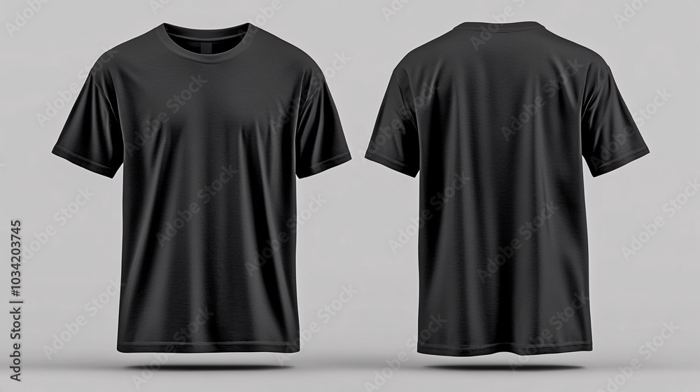 A blank black t-shirt displayed from the front and back, showcasing its simple design and style. A blank black t-shirt displayed from the front and back, showcasing its simple design and style.