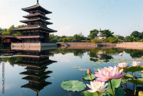 Japanese Pagoda by a Serene Pond A traditional multi tiered pago photo