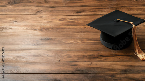 Graduation cap on wooden table with empty space for text or design