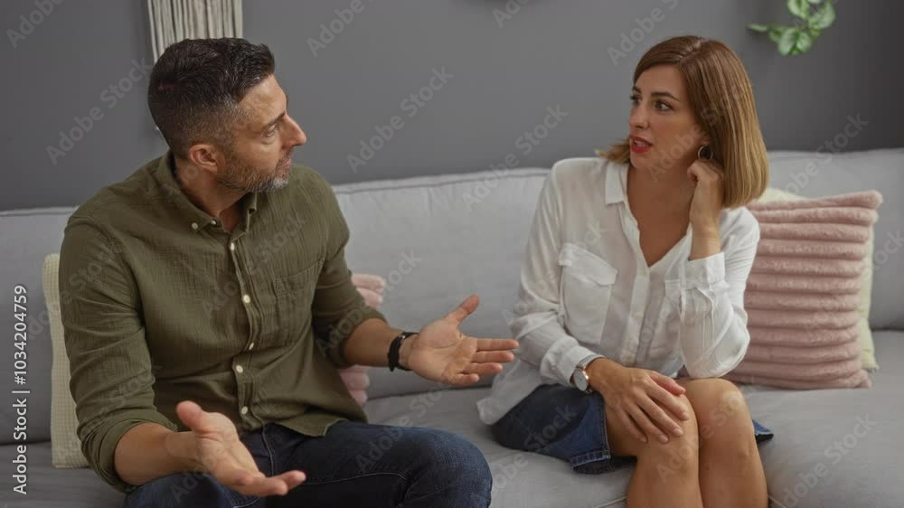 Man and woman talking on a couch in the living room of a modern home Man and woman talking on a couch in the living room of a modern home