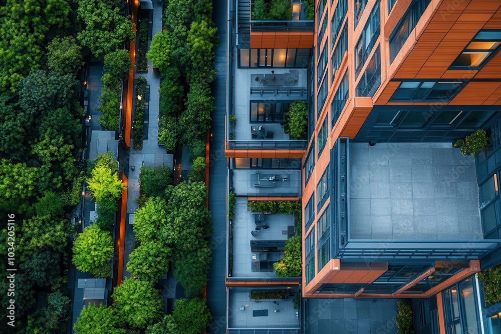Obraz premium Aerial view of a modern residential building surrounded by lush greenery, showcasing urban architecture harmonizing with nature.