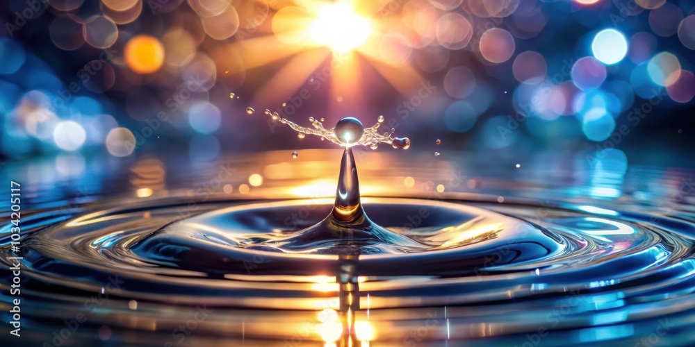 A single water droplet creates ripples and a burst of energy as it collides with a reflective surface, bathed in the warm glow of a setting sun A single water droplet creates ripples and a burst of energy as it collides with a reflective surface, bathed in the warm glow of a setting sun
