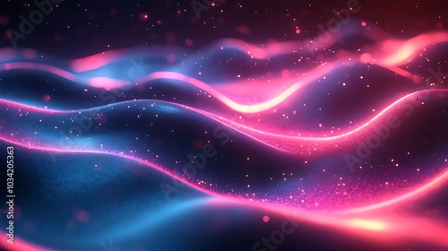 Abstract glowing wave of pink and blue light on a black background.